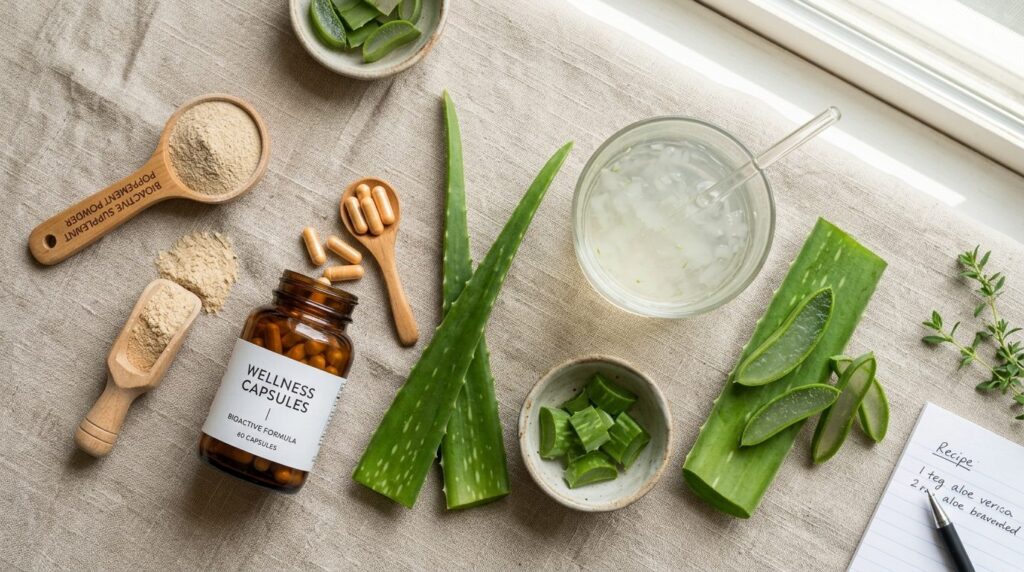 Flat lay composition of wellness ingredients: aloe vera leav