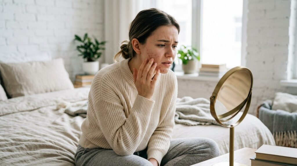 Young woman in modern bedroom touching her face with concern