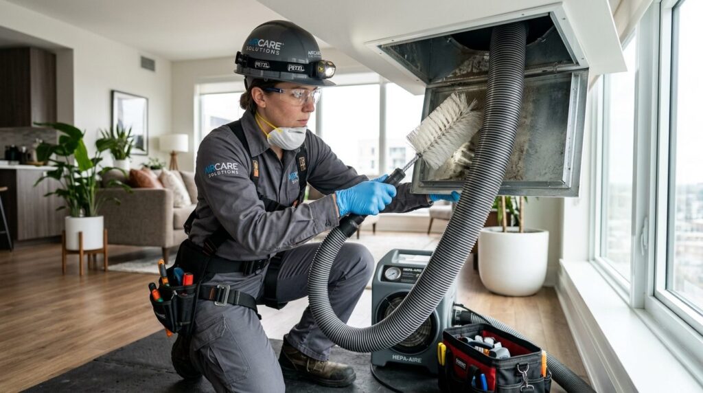Professional HVAC technician in protective gear inspecting a