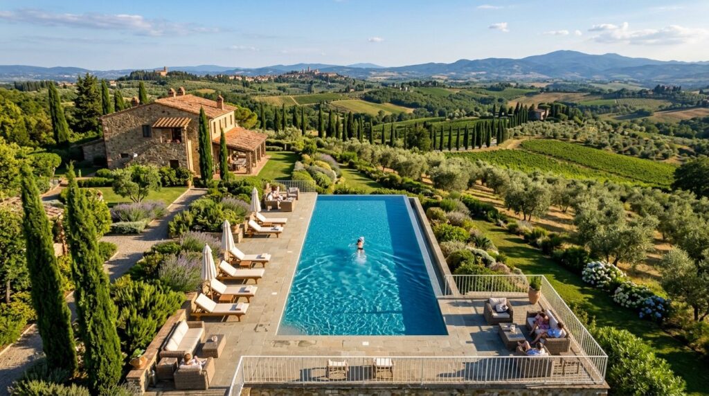 Aerial overhead view of rectangular infinity pool at luxury 