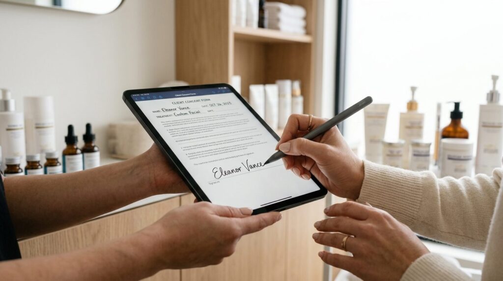Close-up of hands using digital pen to sign on tablet screen