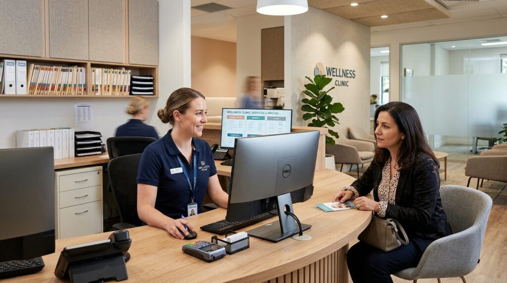Wellness clinic interior with receptionist and patient revie