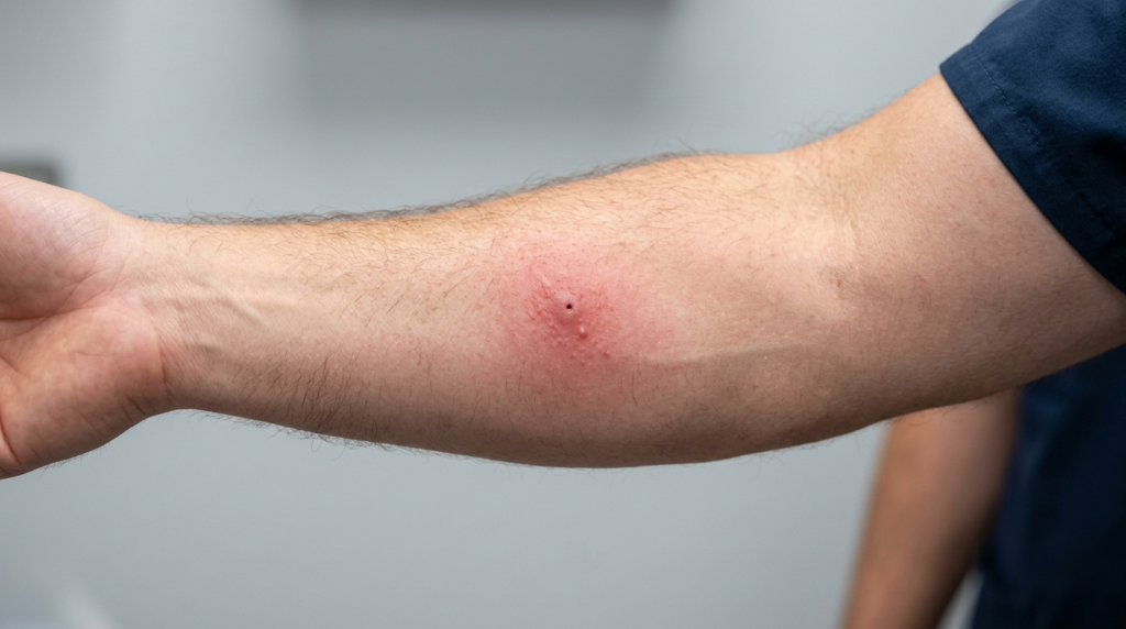 Close-up photorealistic image of a persons arm showing wasp