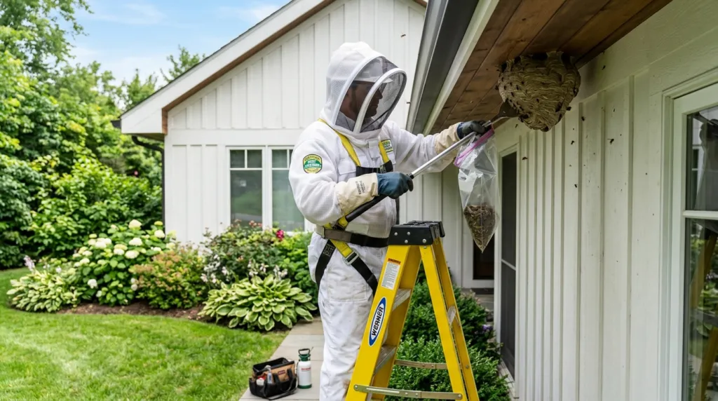 Professionel skadedyrsbekæmper i arbejdstøj.