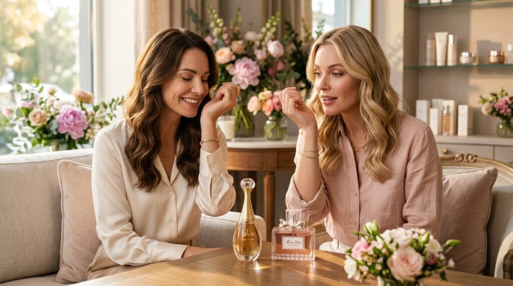 Luxurious beauty product shot: Two women smelling their wris