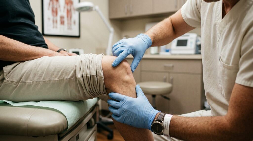 Close-up of a patients knee being examined by a healthcare 