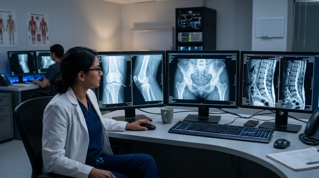 Modern medical imaging control room with radiologist reviewi