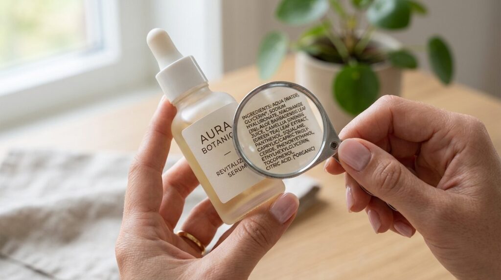 Close-up macro photography of a luxury skincare product labe