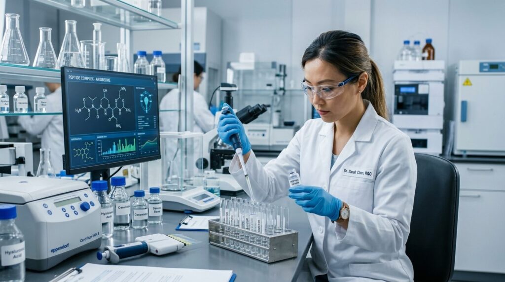 Modern skincare laboratory research environment with scienti