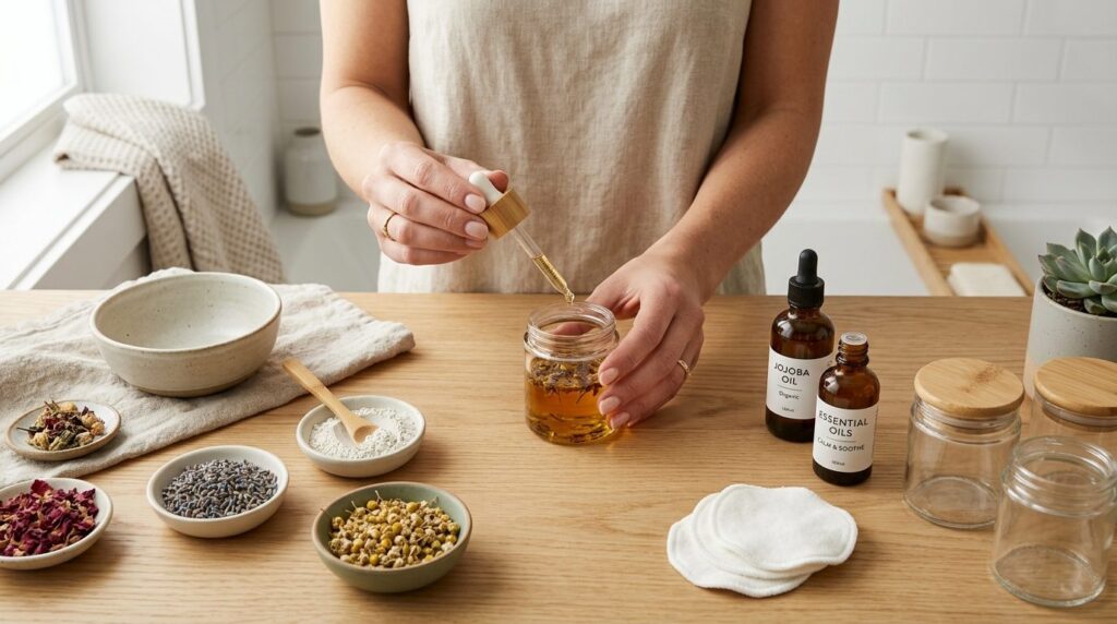 Overhead shot of a womans hands preparing homemade wellness