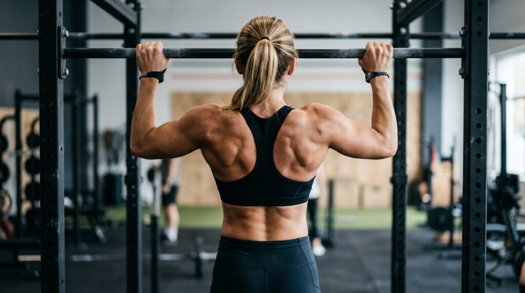 Close-up fitness stock photo of a female trainers back and