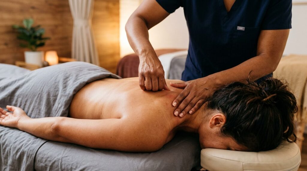 Close-up of diverse massage therapist hands performing thera