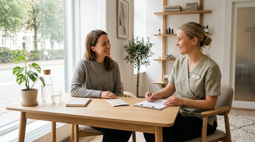 Woman in Copenhagen wellness spa consultation meeting with m