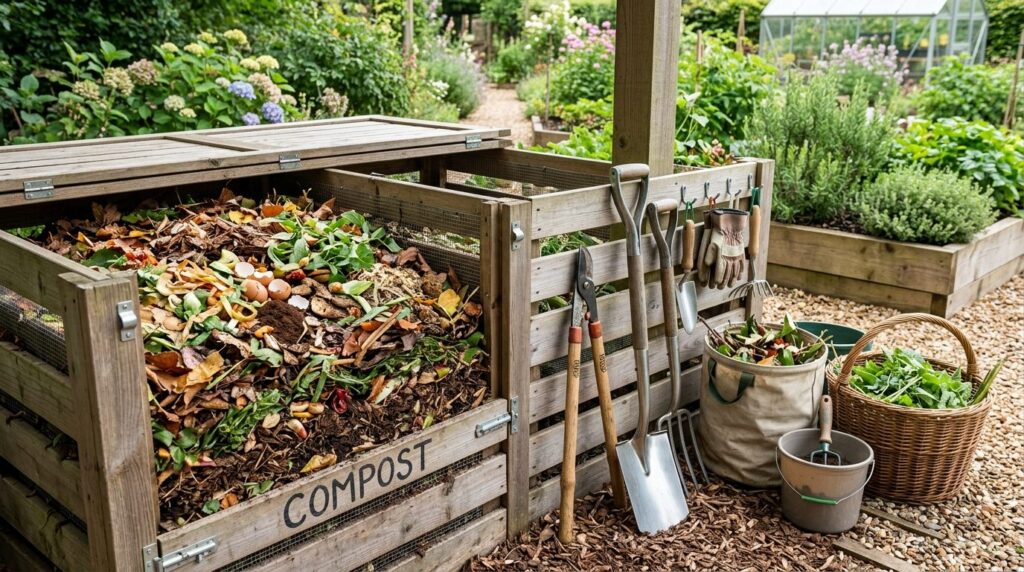 Close-up of organized garden waste management system, compos