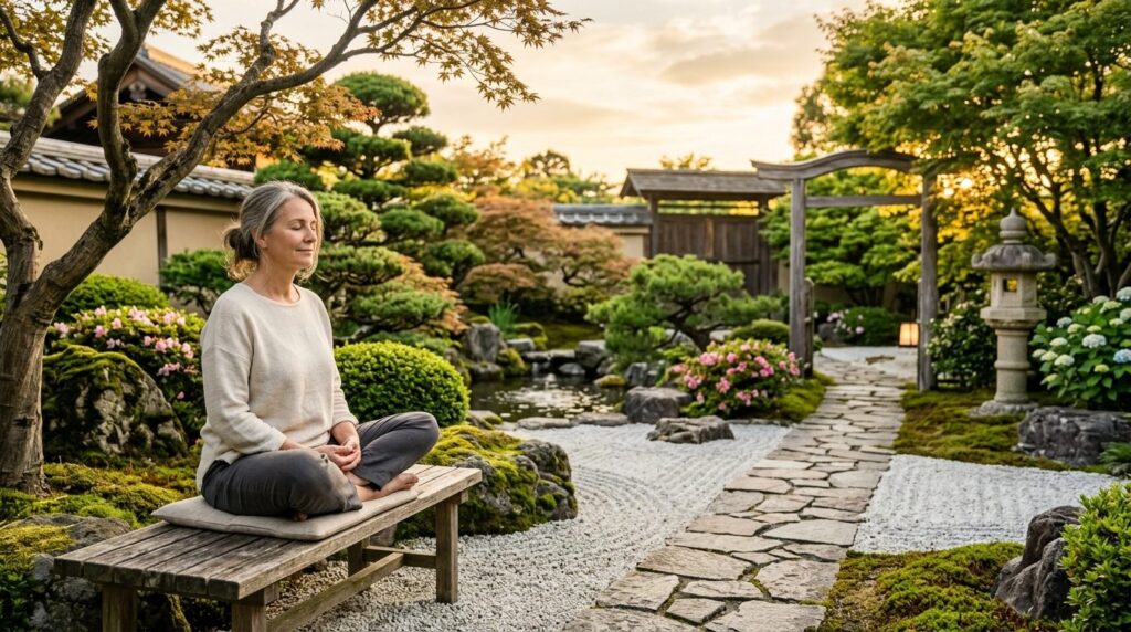Peaceful person in zen garden setting surrounded by well-mai