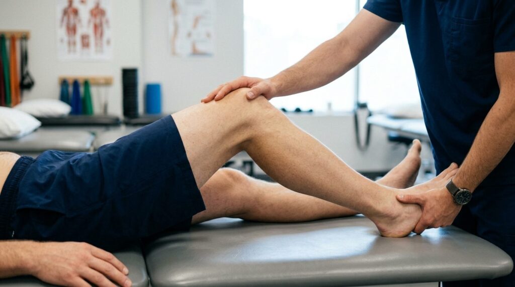 Close-up of a patients knee during physical therapy, therap