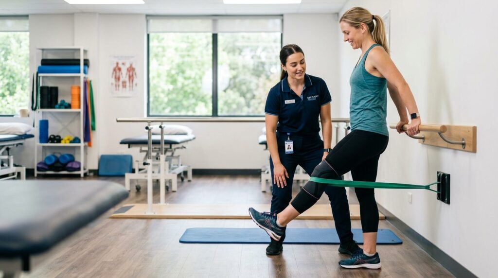 Active recovery session: A fit woman performing supervised k