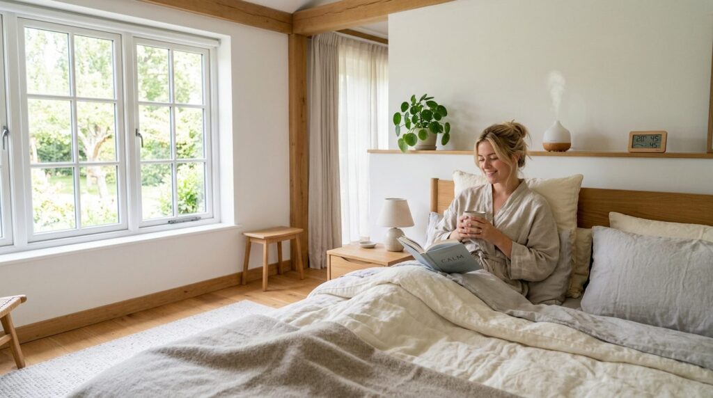 Serene wellness bedroom environment with optimal humidity le
