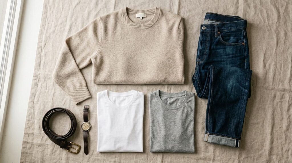 Close-up flat lay photography of premium casual wardrobe ess