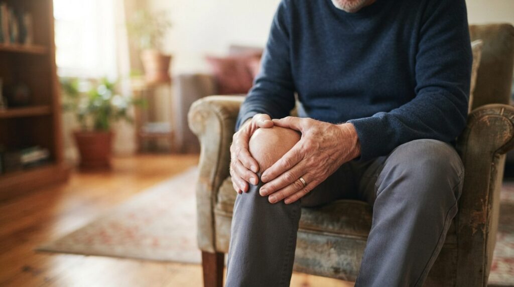 Close-up realistic stock photo, 16:9 format, older mans han