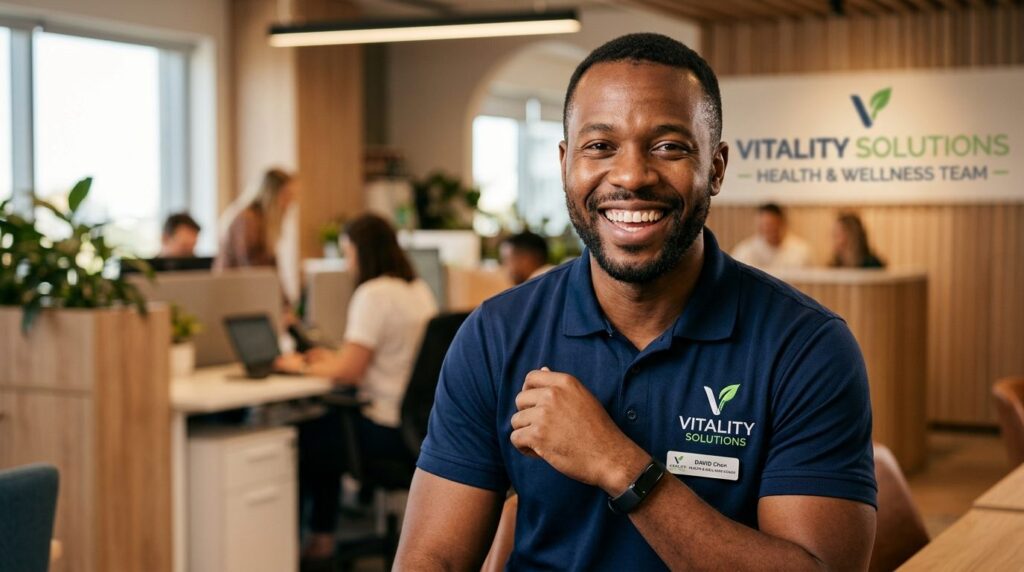 Close-up portrait of a smiling male professional in branded