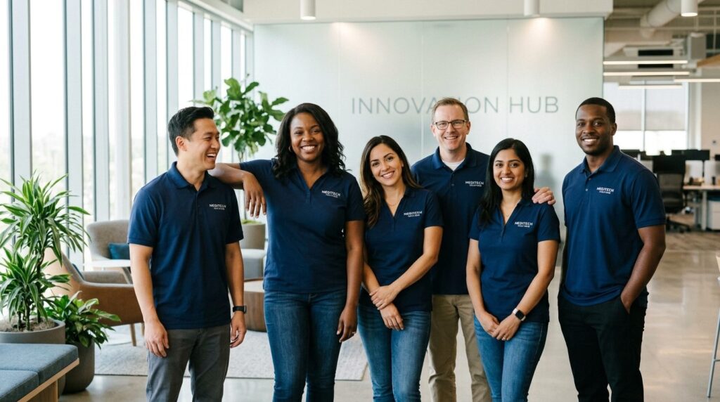 Diverse team of healthcare or corporate workers wearing coor