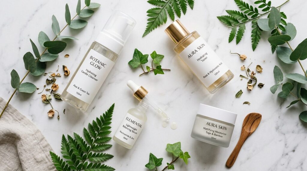Flat lay beauty product photography of combination skin care