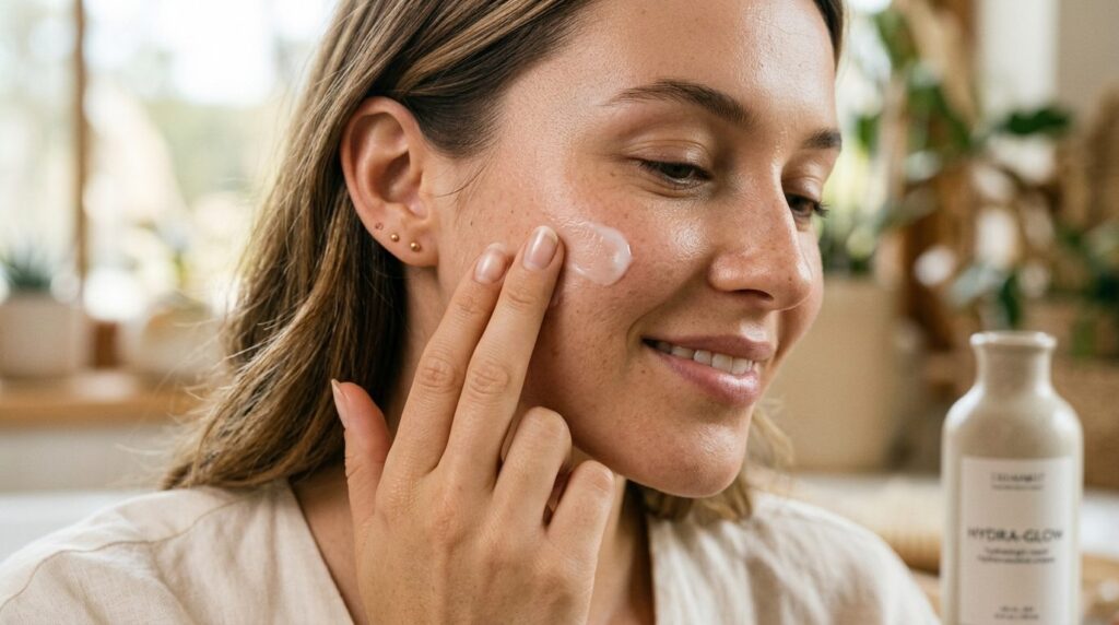 Close-up macro photograph of woman applying lightweight hydr