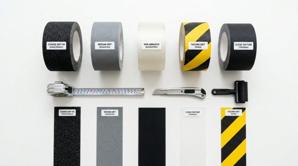 Flat lay composition of various anti-slip tape rolls and str