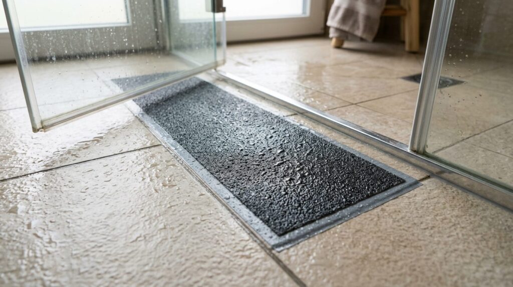 Close-up detail shot of anti-slip tape applied to bathroom t