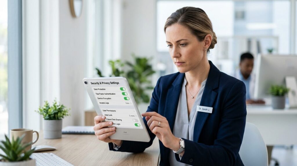 Female healthcare professional or user reviewing security se