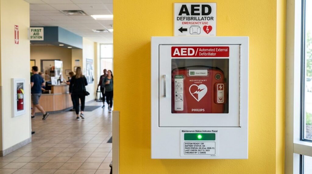 Realistic photograph of an AED defibrillator device mounted 