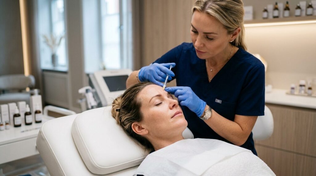Medical aesthetic professional injecting botox into patient