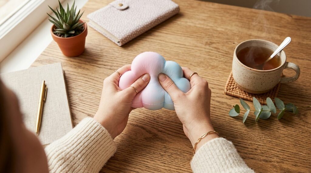 Close-up overhead shot of a womans hands gently squeezing a