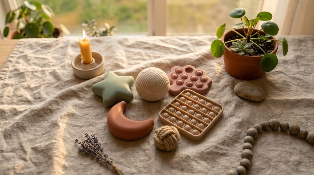 Serene wellness scene showing various soft squishy fidget to