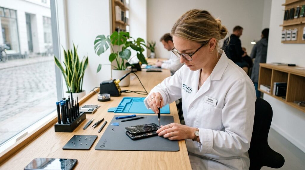 Stock photo, 16:9 format, skilled technician in white coat r