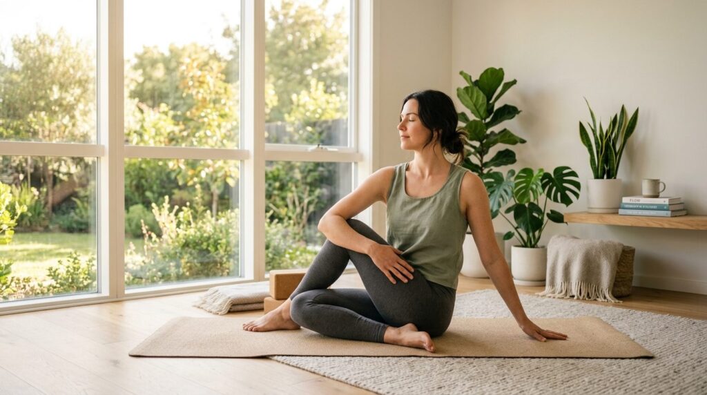 Photorealistic full-body image of a woman doing gentle yoga 