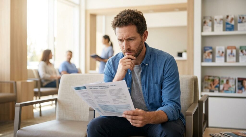 Thoughtful male patient in his 30s reviewing medical informa